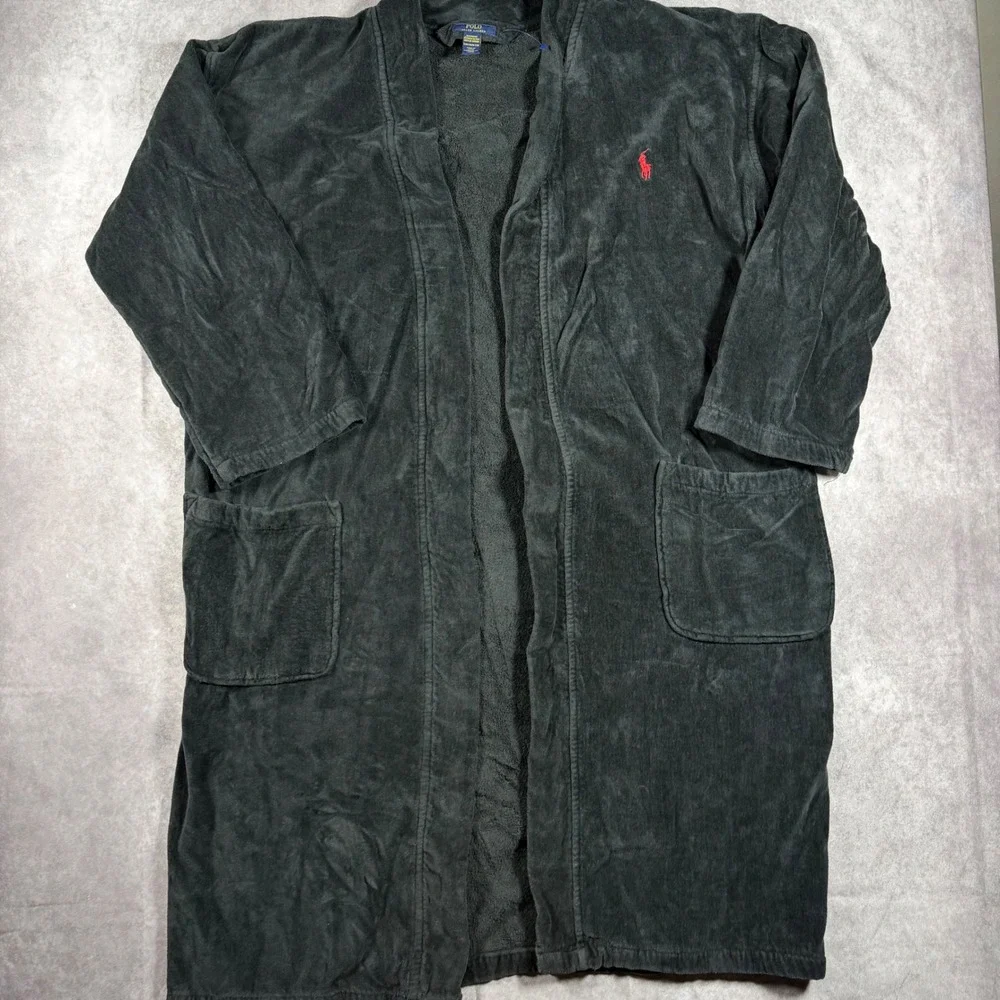 Polo Ralph Lauren Mens Black Velour Robe Red Pony Logo S/M Sleepwear Luxury
